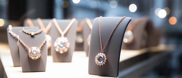 Anéis e colares de diamantes de joias aparecem em quarto de luxo