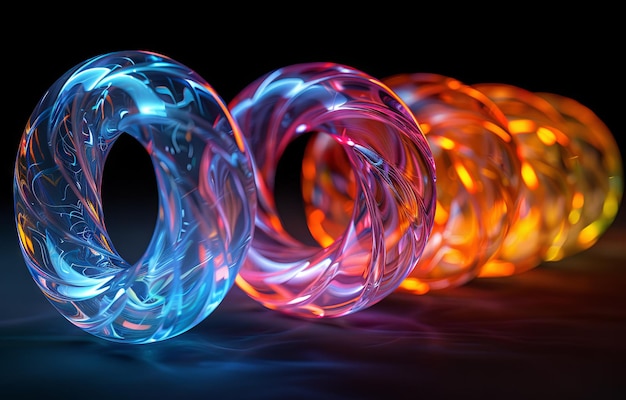 anel brilhante na escuridão no estilo de formas biomórficas coloridas ilusão de tridimensionalidade naturezas mortas realistas com iluminação dramática luz magenta cores cruzadas IA generativa