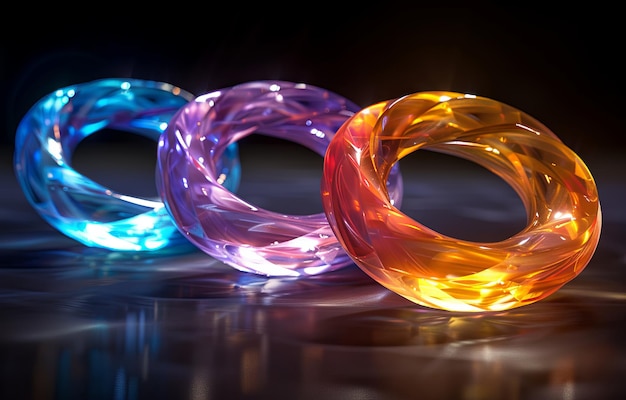 anel brilhante na escuridão no estilo de formas biomórficas coloridas ilusão de tridimensionalidade naturezas mortas realistas com iluminação dramática luz magenta cores cruzadas IA generativa