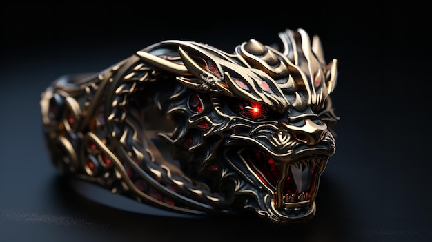 Anel com uma cabeça de dragão em um fundo escuro diamante feroz ouro prata IA generativa