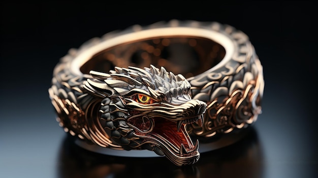 Anel com uma cabeça de dragão em um fundo escuro diamante feroz ouro prata IA generativa
