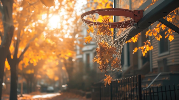 Anel de basquete com folhas de outono em cenário urbano