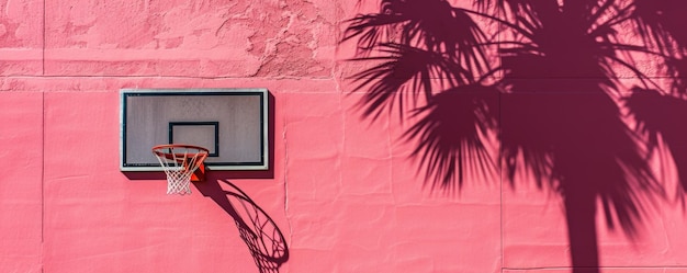 Anel de basquete contra a parede rosa com sombra de palmeira
