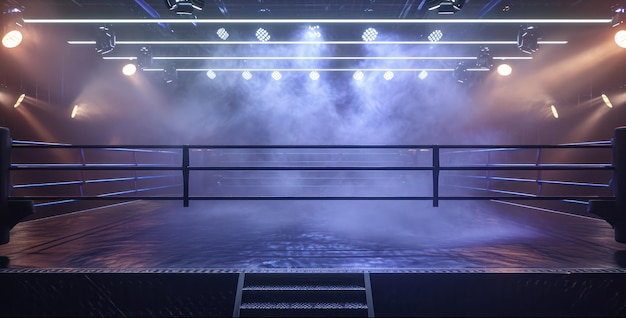 Anel de boxe profissional de IA generativo com holofotes e esporte de artes marciais com fundo esfumaçado