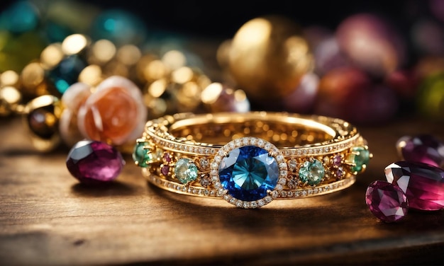 anel de diamante de jóias em mesa de madeira com fundo bokeh ai generativo