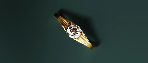 Anel de diamante de ouro com foco na vista superior isolada na renderização 3d de fundo verde
