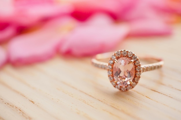 Anel de diamante rosa de joia na mesa de madeira com fundo de pétala de rosa lindo close-up