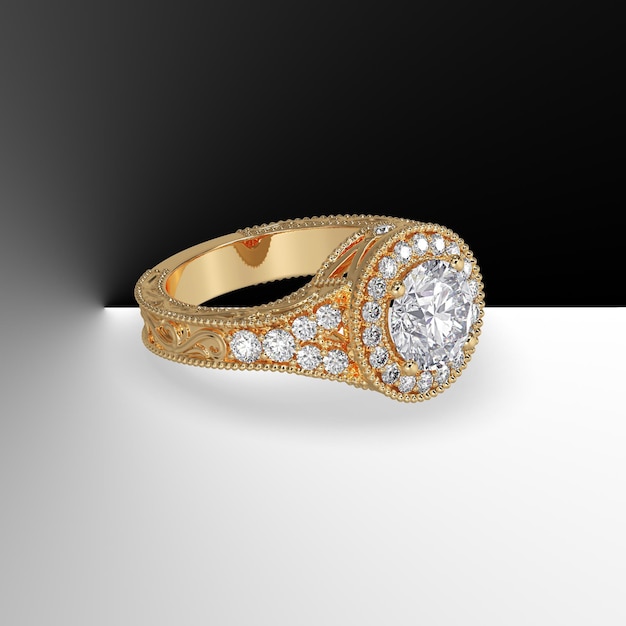 Anel de halo de noivado de filigrana com pedra de centro de diamante redondo 3d render