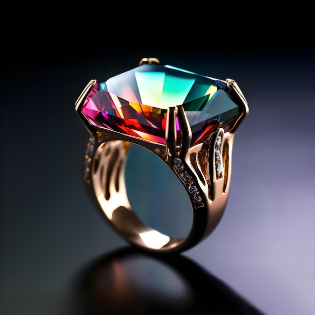 Anel de jóias com pedras preciosas multicoloridas sobre um fundo preto AI Generative