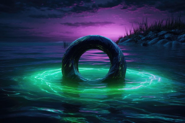 Anel de luz verde e neon brilhante na água IA generativa