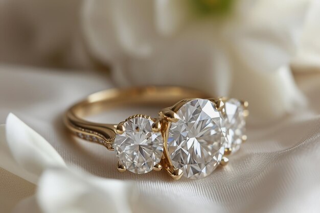 Anel de noivado de três pedras com jóias de luxo de diamantes de perto