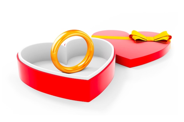 anel de ouro 3d em uma caixa em forma de coração