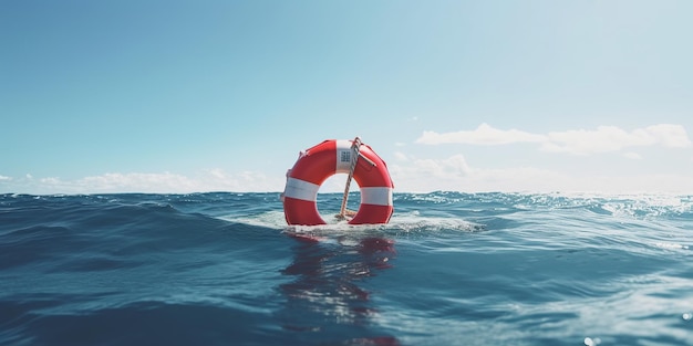 Foto anel de vida vermelho redondo contra o fundo do oceano