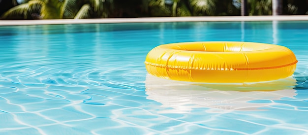 anel inflável amarelo flutuando em uma piscina representando um conceito de férias Há cópia