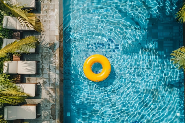 Anel inflável flutuando em uma piscina azul clara em um dia ensolarado