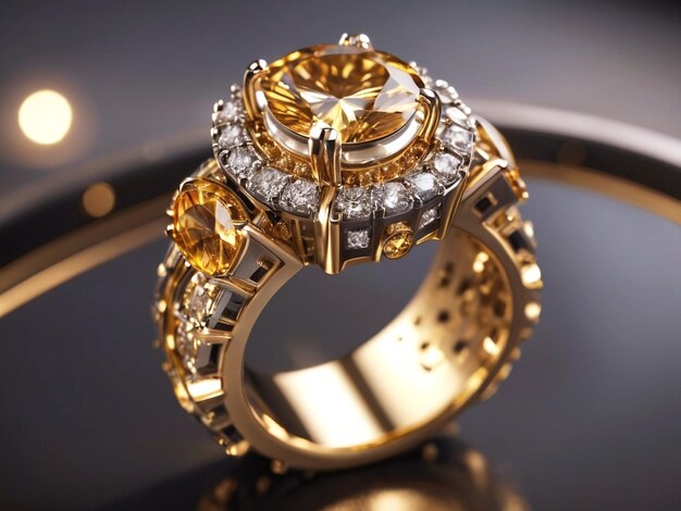 Anel luxuoso de joias de casamento em ouro brilhante com design de fundo