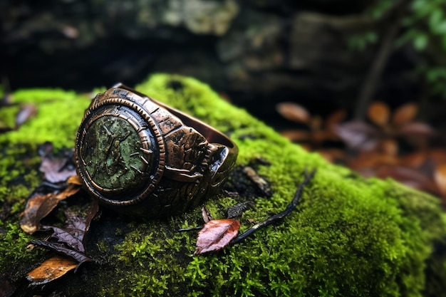 Anel mágico perdido dentro da floresta Anel encantado Anel de bronze Corroído Antigo Verde Antigo