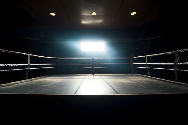 Foto anel profissional de boxe rodeado de cordas com luzes esportivas em um fundo escuro fundo escuro