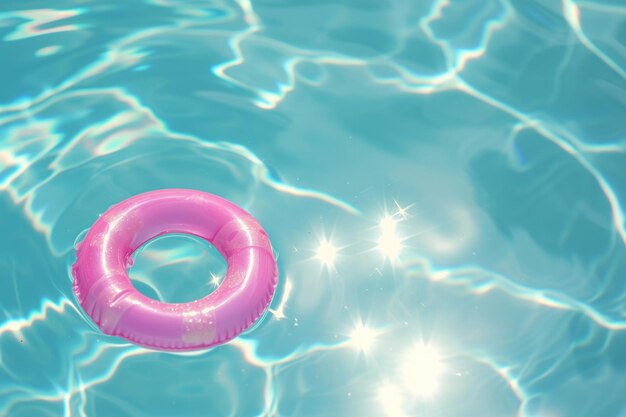 Anel rosa flutuando em uma piscina com padrões de luz solar brilhantes