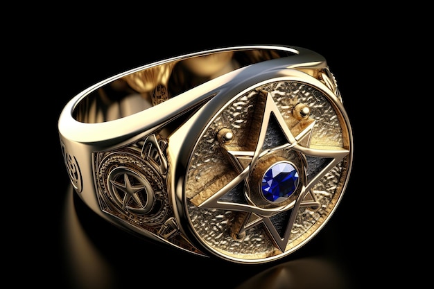 Anel tridimensional de metal dourado brilhante Um símbolo especial de prestígio e poder do feiticeiro