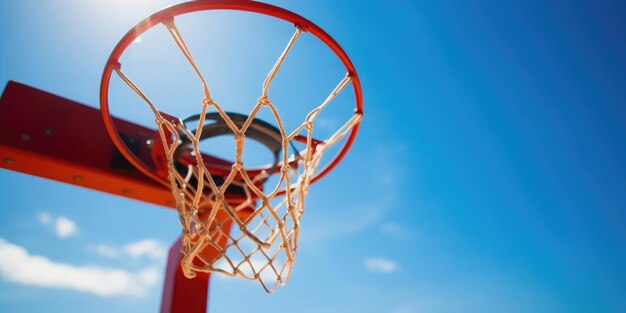 Foto anel vermelho de basquetebol e rede no tabuleiro céu azul claro