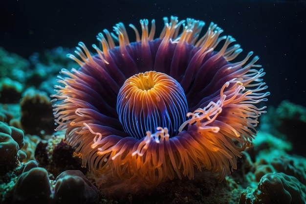 Foto la anémona marina submarina vibrante en el arrecife de coral