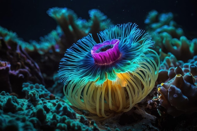 La anémona marina submarina vibrante en el arrecife de coral