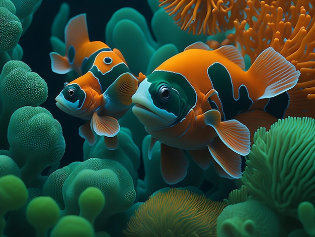 Una anémona verde con tres peces payaso Nemo naranja de la generación Ai