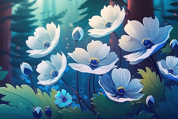 Anêmonas em uma floresta de primavera com flores brancas sobre um fundo azul