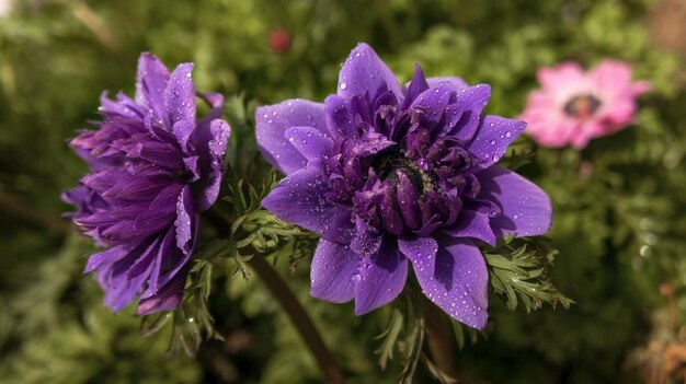 Anemone coronaria Señor Teniente terciopelo semidoble flor de primavera púrpura en el jardín