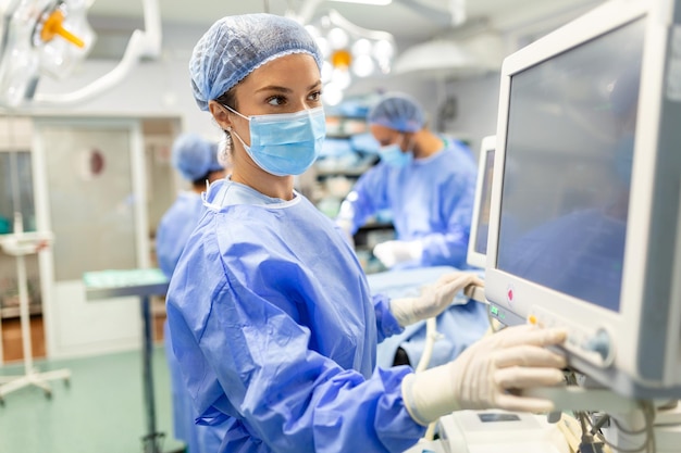 Anestesista trabalhando na sala de cirurgia usando monitores de verificação de equipamentos de proteção enquanto seda o paciente antes do procedimento cirúrgico no hospital