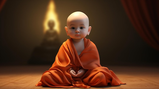 Anfänger-Baby-Mönch in orangefarbenem Gewand, sitzendes Buddha-Bild, KI-generierte Kunst