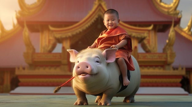 Anfänger des Buddhismus Er ritt glücklich auf einem Schwein, das wie sein Freund war