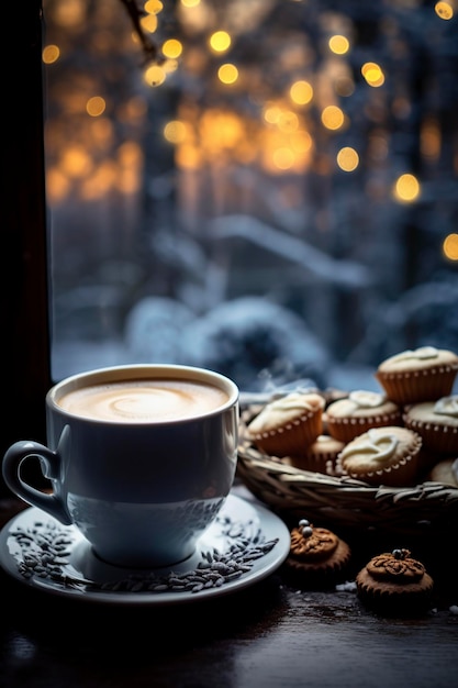 Anfang eines glücklichen Tages mit einer Tasse Kaffee oder Schokolade im Winter