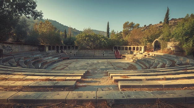 Foto un anfiteatro abandonado se encuentra en un estado de deterioro rodeado de vegetación cubierta