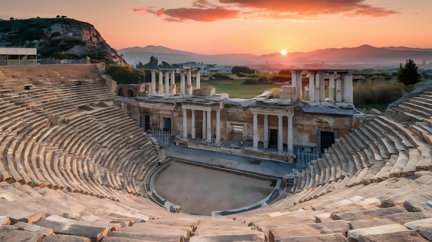 Anfiteatro na antiga cidade de Hierápolis à tarde