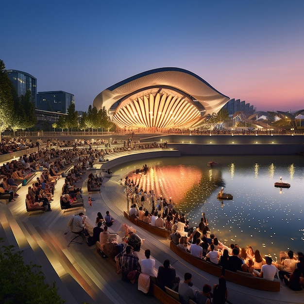 Foto un anfiteatro que acoge un concierto de música al aire libre junto a un embalse