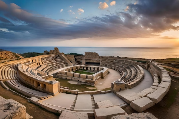 Foto un anfiteatro romano con el mar de fondo