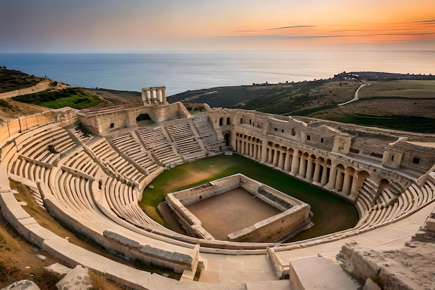 Foto un anfiteatro romano en turquía con el mar de fondo