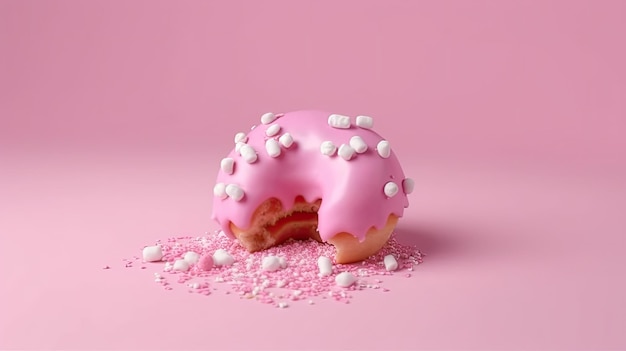 Angebissener Donut mit rosa Glasur und Marshmallows auf rosa Hintergrund, AI generiert