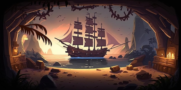 Angedocktes Piratenschiff 2D-Spielhintergrund Digitale Illustration der Szenerie für ein Abenteuerspiel KI