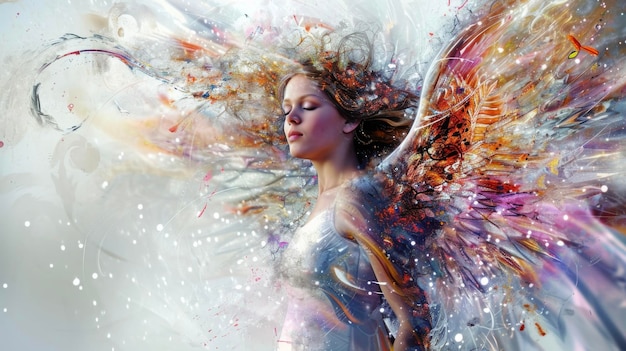 Un ángel celestial con un halo vibrante rodeado por una sinfonía de colores y patrones
