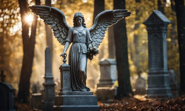 un ángel en un cementerio en el bosque