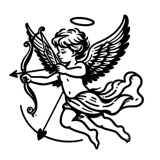 Foto Ángel cupido con alas arco y flecha una línea dibujada