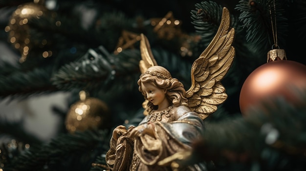 Un ángel dorado en un árbol de navidad.