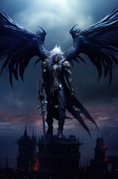 Un ángel oscuro con una espada en sus alas.