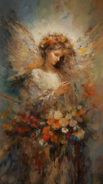 Un ángel con un ramo de flores en él.