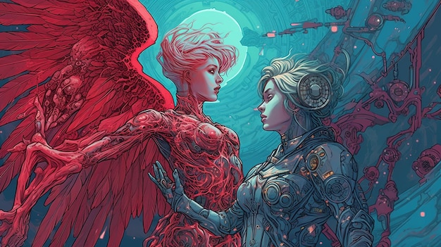 Un ángel y un robot juntos en el espacio Concepto de fantasía Ilustración pintura IA generativa