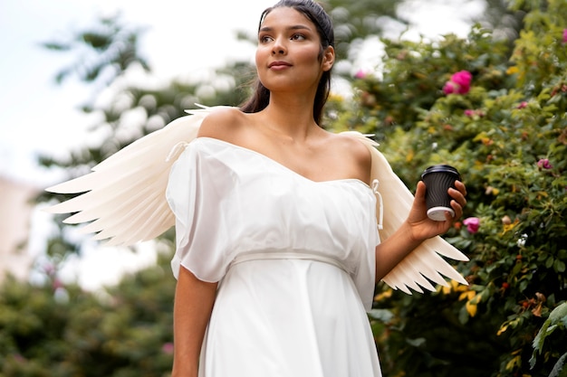 Foto Ángel con taza de café para llevar en un jardín