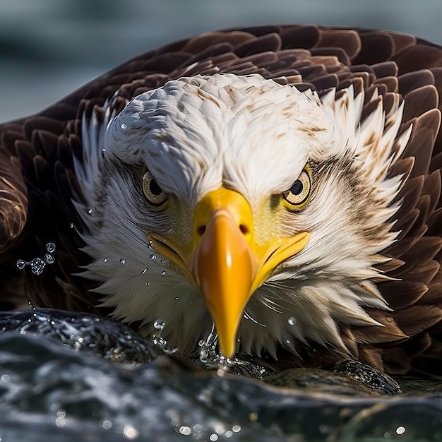 Angeln Weißkopfseeadler Ein Weißkopfseeadler mit Blick auf die Kamera fängt einen Fisch aus dem Wasser im Stil des Gewinners des National Geographic-Wettbewerbs Superteleaufnahme Nahaufnahme AI Generative